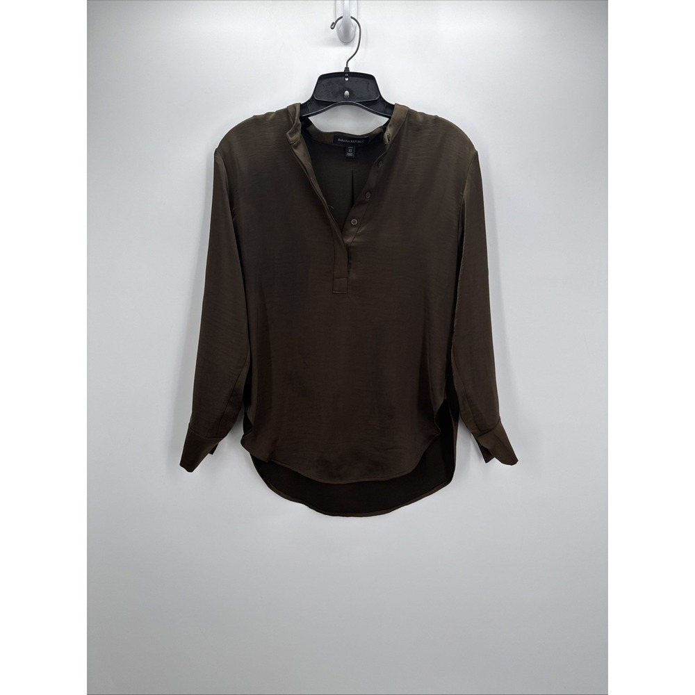 Banana Republic Womens Henley 1/2 Button Down Long Sleeve Blouse Brown Petite XS